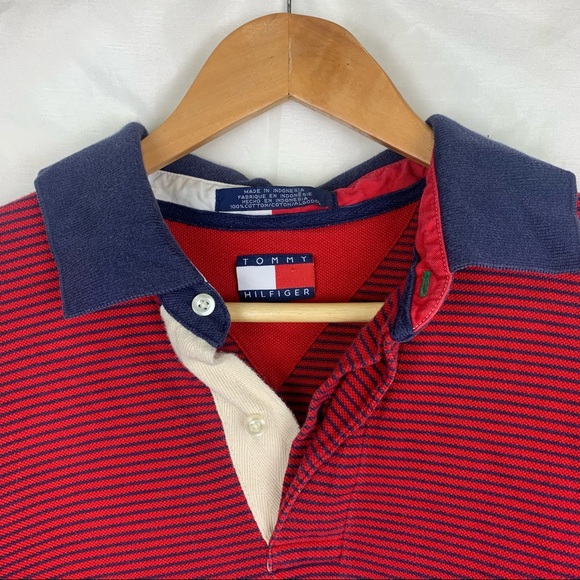 Vintage Tommy Hilfiger Embroidered Red & Blue Rugby Shirt, Size: Large - Picture 3 of 8